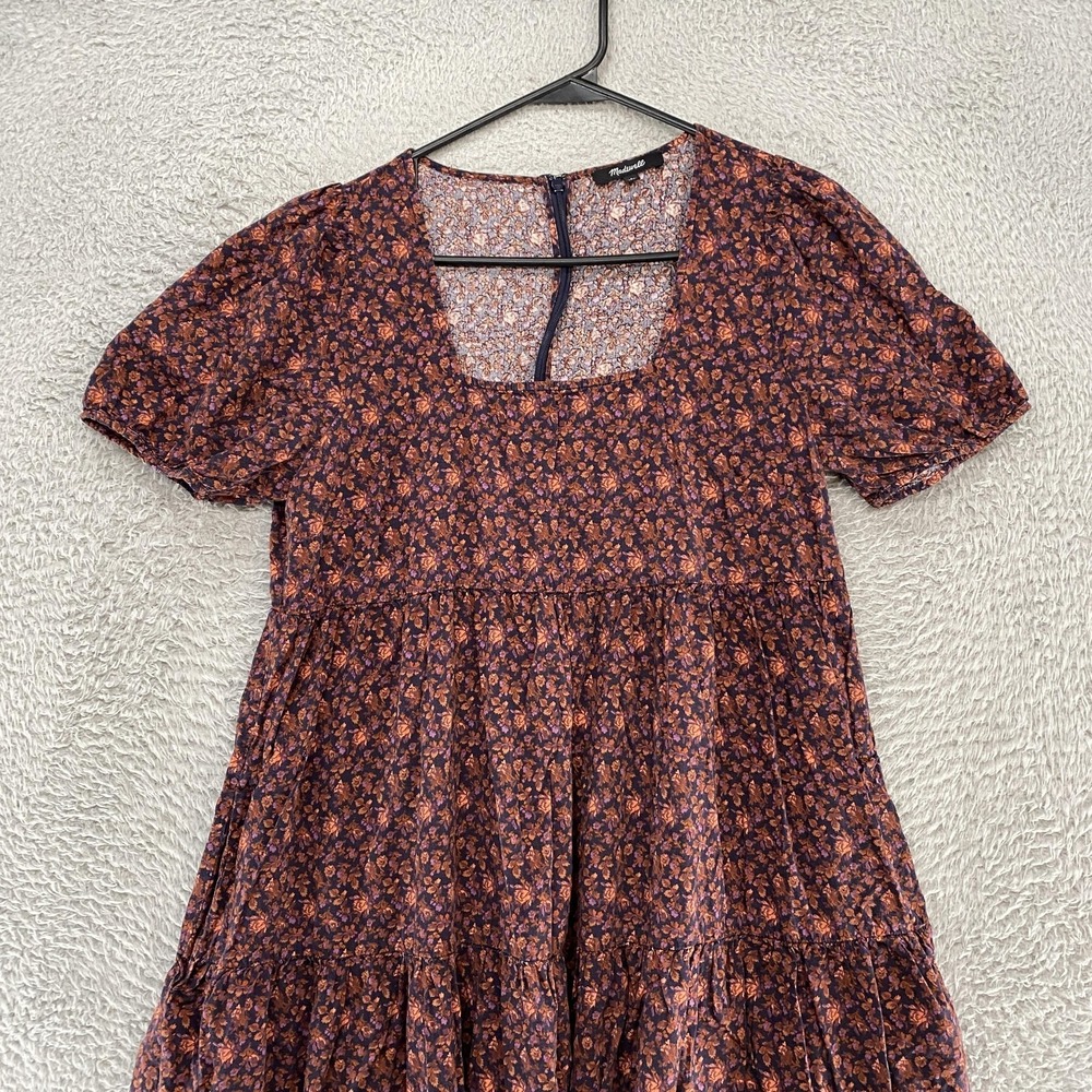 Madewell Midi Dress Womens 6 Rust Floral Square Neck Puff Sleeve Tiered Babydoll - Picture 2 of 13